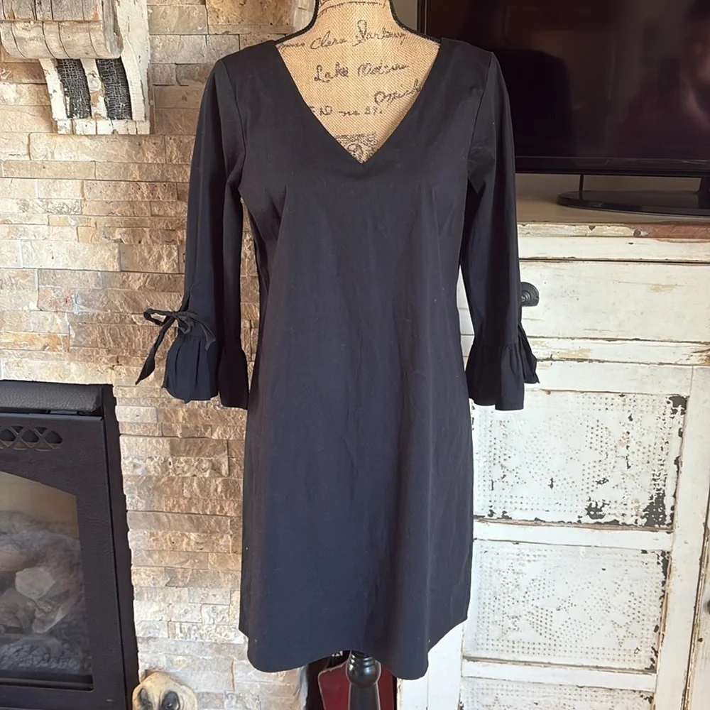J. Crew Factory black ruffle bell sleeve w tie v-neck shift dress back zip